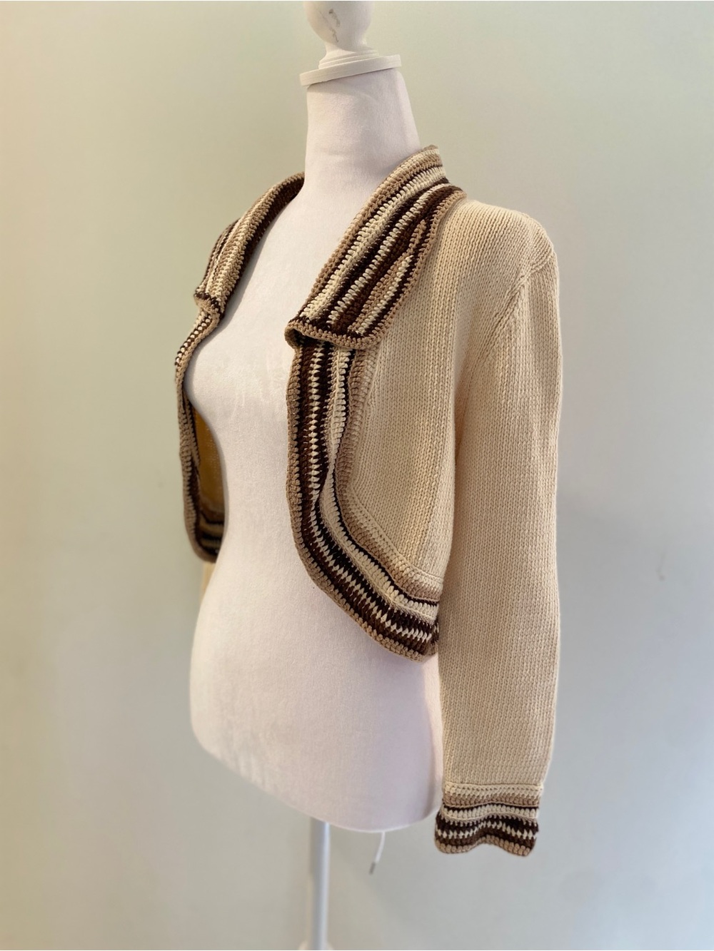 Nine West Cream Cropped Open-Front Cardigan with Brown Trim